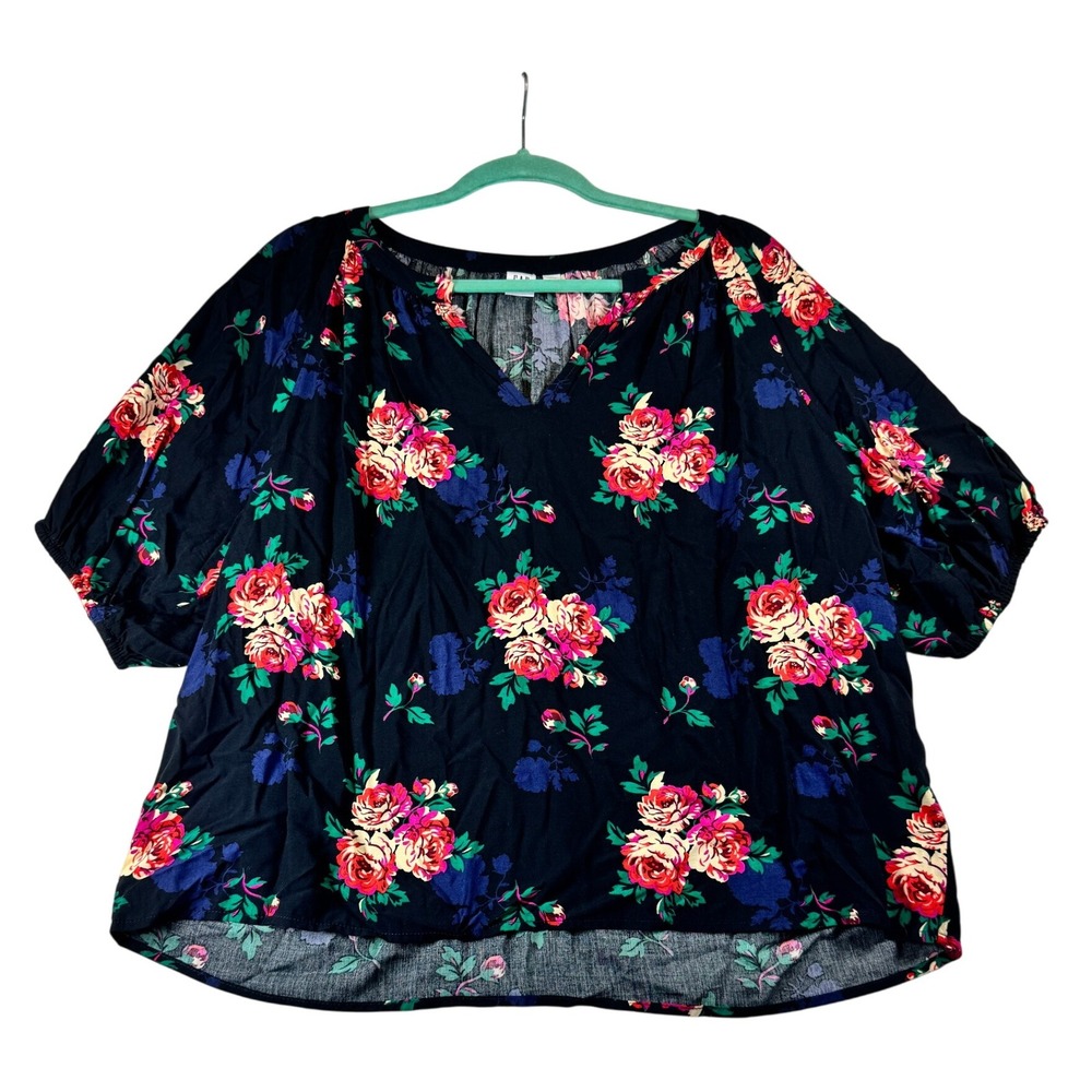 GAP Floral Print Top Blouse Black Red Green Women's L Scoop Notch Neck relax fit